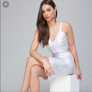 Bebe Foiled bandage top and skirt